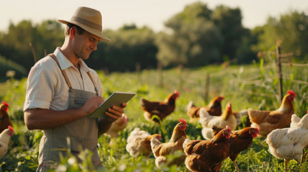 A farmer is using a tablet to monitor the health of his chickens.の素材