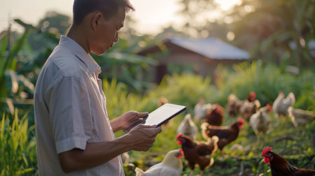 A farmer is using a tablet to monitor the health of his chickens.の素材