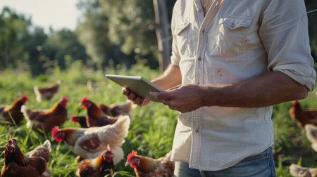 A farmer is using a tablet to monitor the health of his chickens.の素材