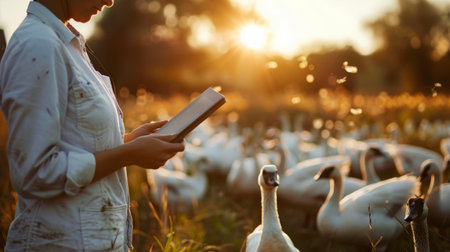 A farmer is using a tablet to monitor the health of her geeseの素材
