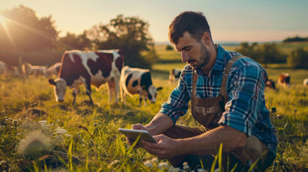 A farmer is using a tablet to monitor the health of his cows.の素材