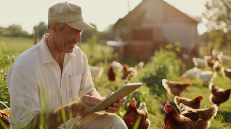 A farmer is using a tablet to monitor the health of his chickens on a pasture-raised farm.の素材