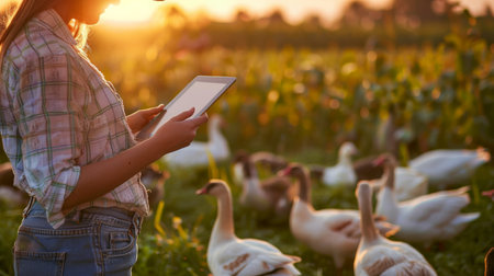 A farmer is using a tablet to monitor the health of her geese.の素材