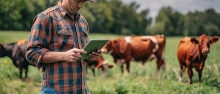 A farmer is using a tablet to monitor the health of his cows.の素材