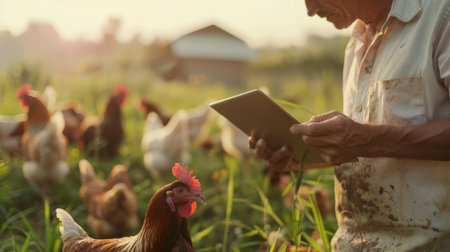 A farmer is using a tablet to monitor the health of his chickens on a pasture.の素材