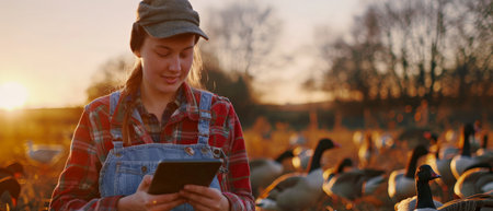 A farmer is using a tablet to monitor the health of her livestock.の素材
