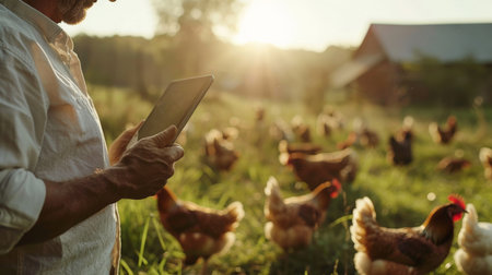 A farmer is using a tablet to monitor the health of his chickens on a pasture-raised farm.の素材