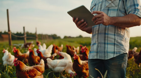 A farmer is using a tablet to monitor the health of his chickens.の素材