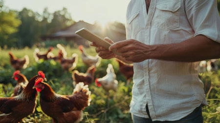 A farmer is using a tablet to monitor the health of his chickens on a pasture-raised farm.の素材