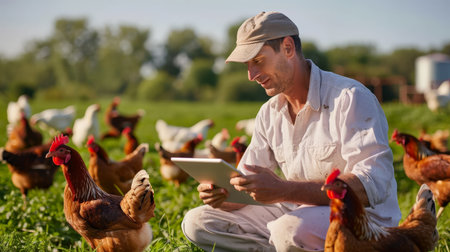 A farmer is using a tablet to monitor the health of his chickens on a pasture.の素材