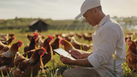 A farmer is using a tablet to monitor the health of his chickens on a pasture-raised farm.の素材