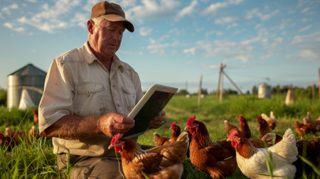 A farmer is using a tablet to monitor the health of his chickens on a pasture.の素材