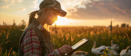 A female farmer is using a digital tablet to monitor the growth of her crops in a lush green field.の素材