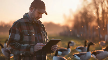 A farmer is using a tablet to monitor the health of his geeseの素材