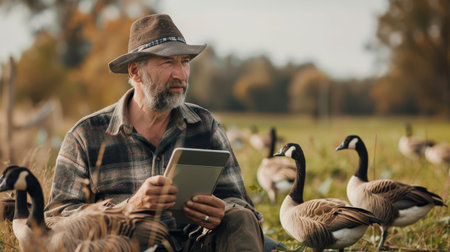 A farmer is using a tablet to monitor the health of his geese.の素材