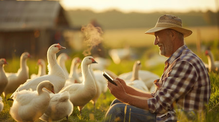 A farmer is using a tablet to monitor the health of his geeseの素材