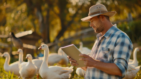 A farmer is using a tablet to monitor the health of his geese.の素材