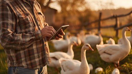 A farmer is using a tablet to monitor the health of his geese.の素材