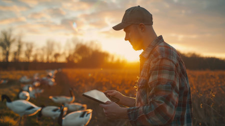 A farmer is using a tablet to monitor the health of his livestock while the sun sets in the background.の素材