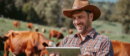A smiling farmer wearing a hat is using a tablet in a lush green field with cows grazing in the backgroundの素材