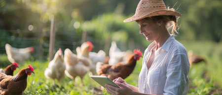 A woman checking on her chickens with a tablet in her handの素材