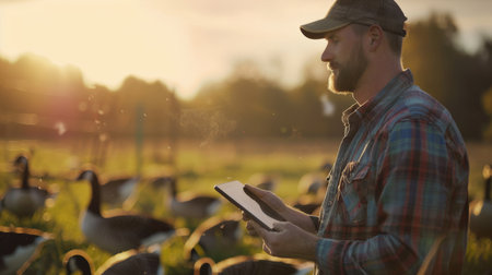 A farmer is using a tablet to monitor the health of his geeseの素材