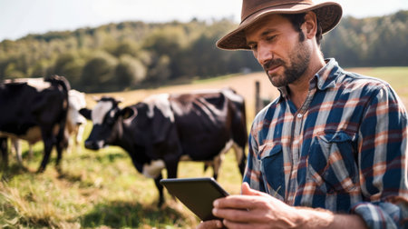 A farmer wearing a hat is using a tablet while standing in a lush green field with cows grazing in the backgroundの素材