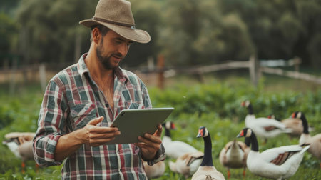 A farmer is using a tablet to monitor the health of his geese.の素材