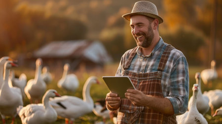 A farmer is using a tablet to monitor the health of his geeseの素材