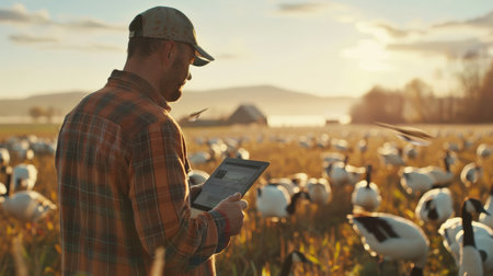 A farmer is using a tablet to monitor the health of his livestock in a large outdoor field.の素材