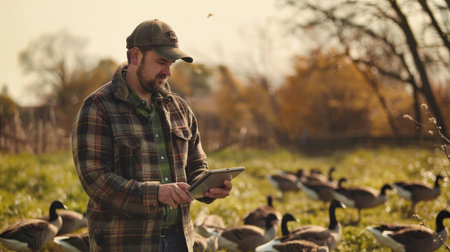 A man in a plaid shirt and hat uses a tablet to track a flock of geese in a field.の素材