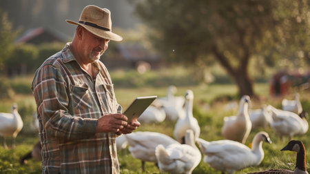 A farmer is using a tablet to monitor the health of his geese.の素材