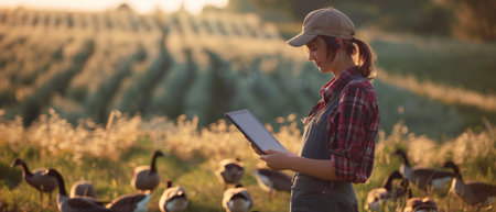 A young female farmer is using a digital tablet to monitor the growth of her free-range turkeys in a lush green field.の素材
