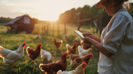 A woman checking on her chickens with a digital tablet in her handの素材