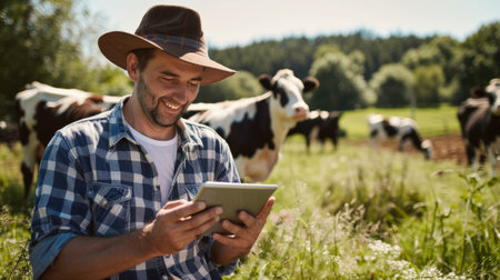 A young male farmer in a cowboy hat is using a tablet in a lush green pasture with cows grazing in the background.の素材