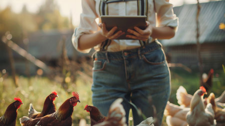A woman in a white shirt and blue jeans is using a tablet to monitor the health of her chickens.の素材