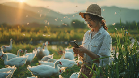 A woman in a straw hat is feeding geese on a pasture at sunset.の素材