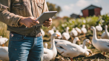 A farmer is using a tablet to monitor the health of his geese.の素材