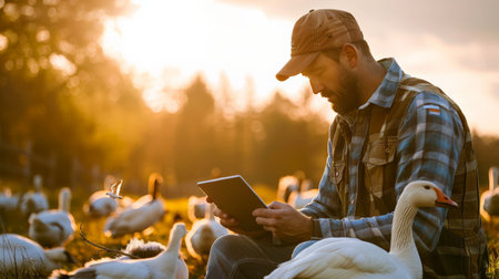 A farmer is using a tablet to monitor the health of his geese while they graze in the pasture at sunset.の素材