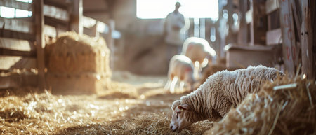 A group of sheeps in a barn eating hayの素材