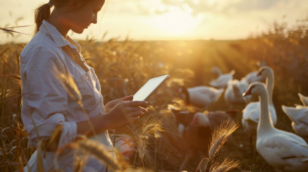 A young female farmer is using a tablet to monitor the health of her geeseの素材
