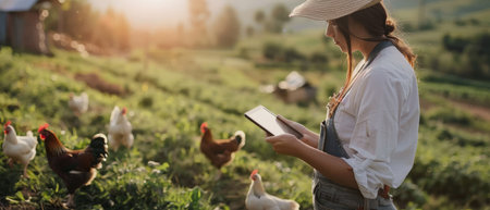 A woman farmer is using a tablet to monitor the health of her chickens on a pasture-raised farm.の素材