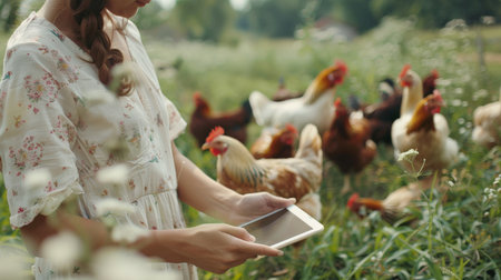A woman in a white dress is feeding chickens on a farmの素材