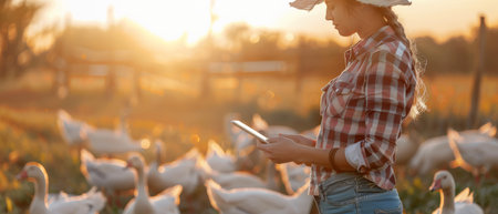 A woman in a cowboy hat and plaid shirt uses a tablet to monitor the health of her chickens on a farm.の素材