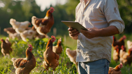 A farmer uses a tablet to monitor the health of his chickens on a pasture-raised farm.の素材