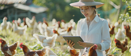 A woman wearing a hat and using a tablet in a chicken farmの素材
