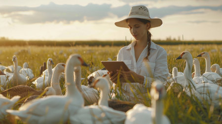 A young girl is feeding geese on a pastureの素材