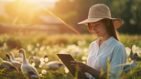 A young female farmer is using a tablet to monitor the health of her ducks.の素材