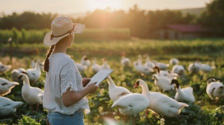 A young girl in a straw hat is feeding a flock of geese on a pasture at sunsetの素材
