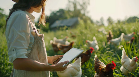 A woman wearing a hat and apron uses a tablet to monitor the health of her free-range chickens.の素材